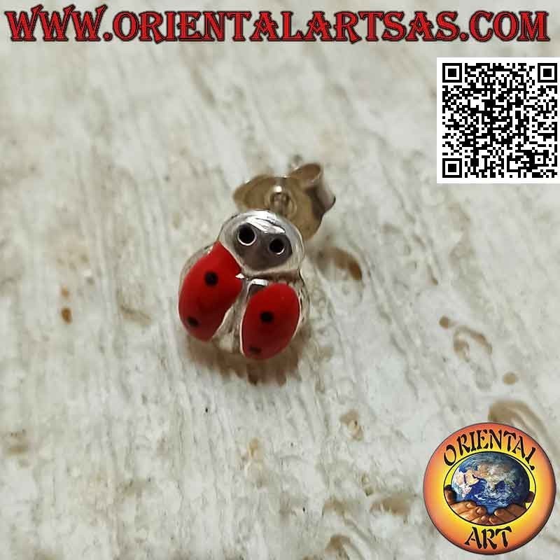 Silver mini earring, the large red enameled ladybug with half-closed wings