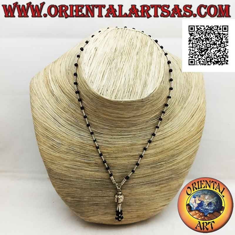 Chokerhalskette aus Onyx und 925 ‰ Silberperlen aufgereiht mit Einsätzen und Büschel