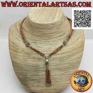 Two-row choker necklace of raw jade tubes and 925 ‰ silver strung with butterflies and tuft