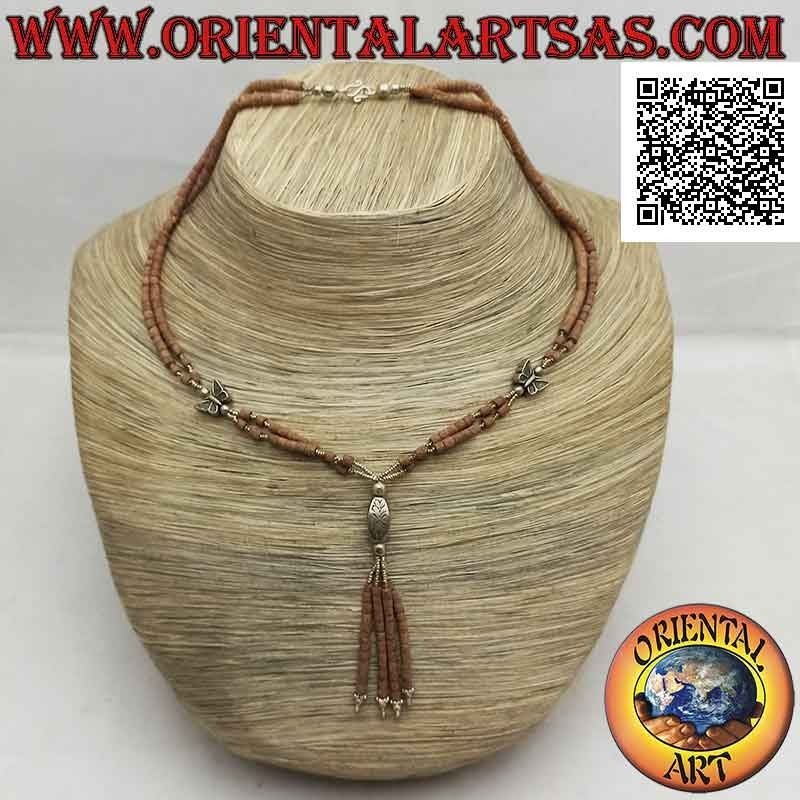 Collier ras de cou à deux rangs de tubes de jade brut et d'argent 925 enfilé de papillons et de touffe