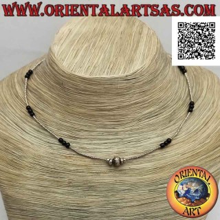 Collana girocollo di perline di onice (tris) e di argento 925 ‰ infilate con inserti centrale