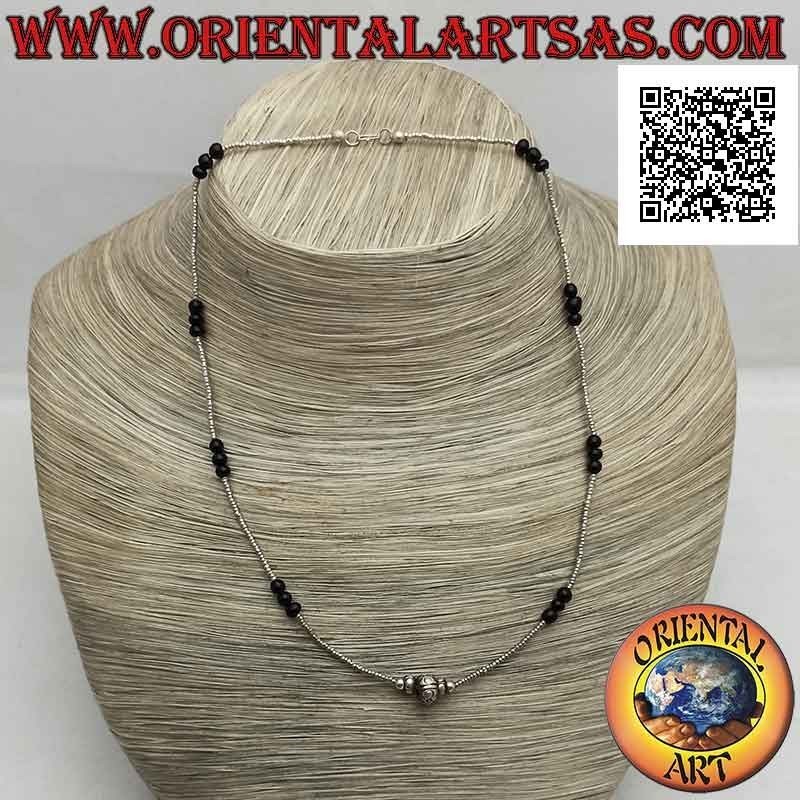 Collier ras de cou en onyx (tris) et perles en argent 925 ‰ enfilées avec inserts centraux