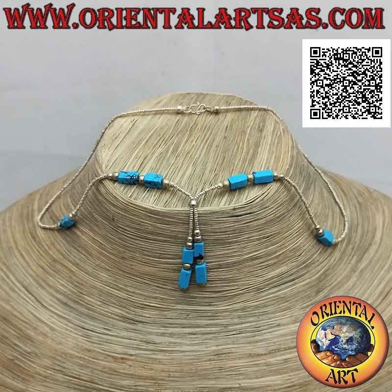 Collana girocollo di perline di argento 925 ‰ e parallelepipedi di  turchese infilati con ciuffetto