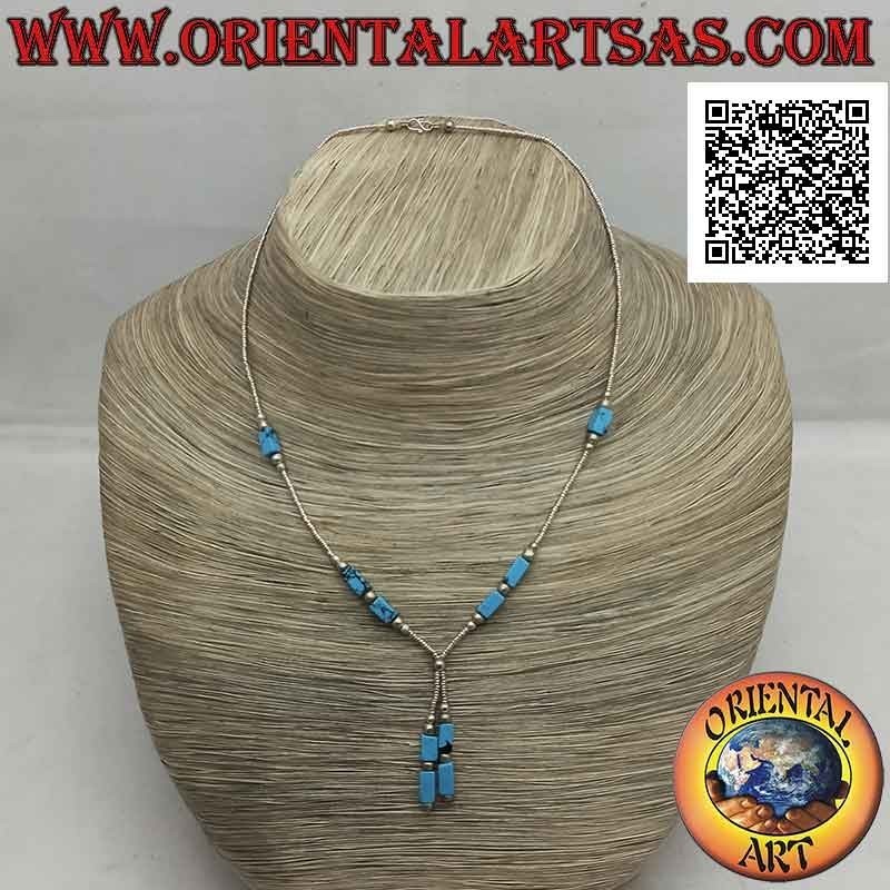 Collana girocollo di perline di argento 925 ‰ e parallelepipedi di  turchese infilati con ciuffetto