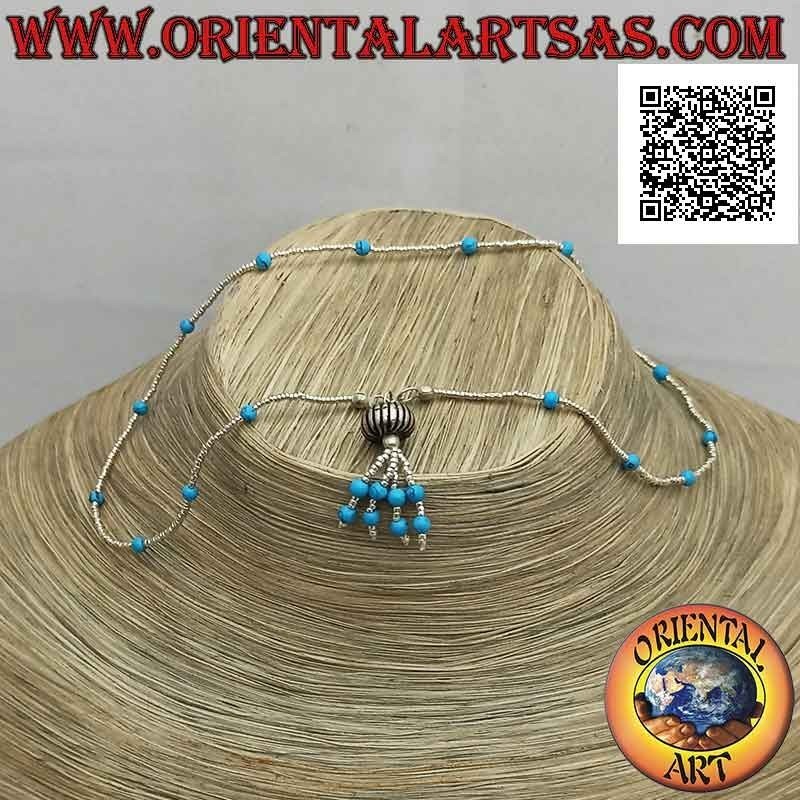 Collana girocollo di perline di turchese e di argento 925 ‰ infilate con ciuffetto