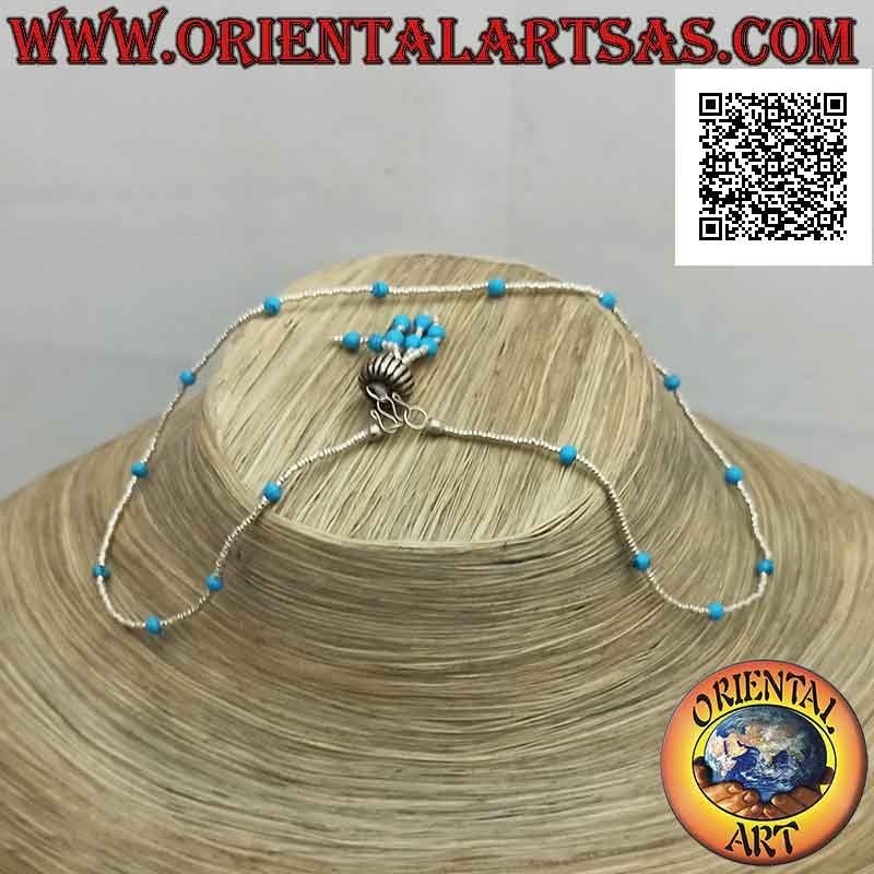 Collier ras de cou de perles turquoise et argent 925 enfilées d'une touffe