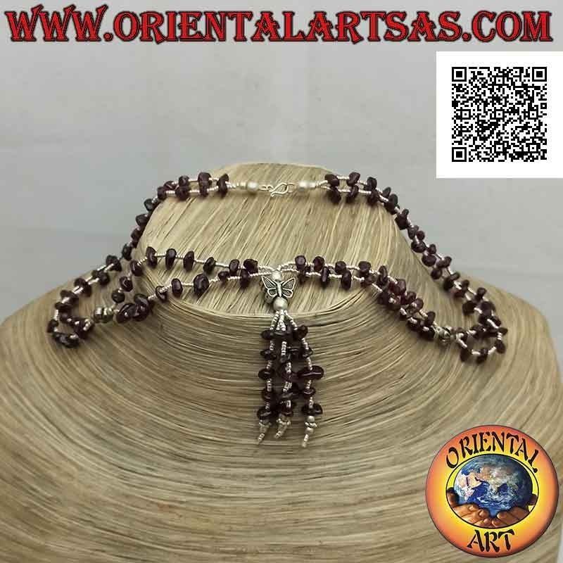 Two-row necklace of garnet fragments and 925 ‰ silver balls strung with flowers, butterfly and tuft