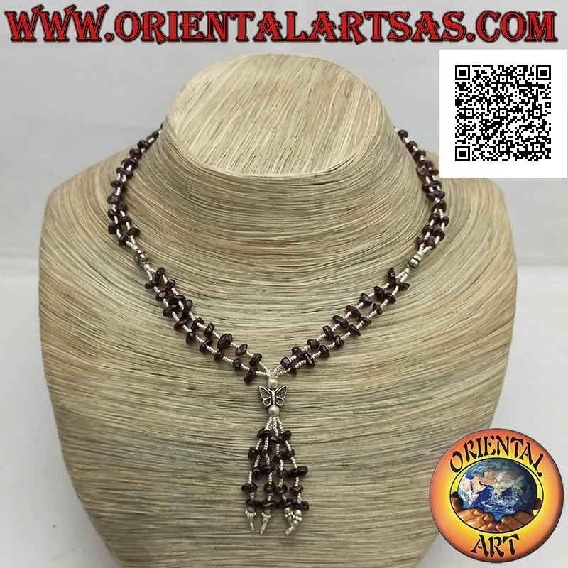 Two-row necklace of garnet fragments and 925 ‰ silver balls strung with flowers, butterfly and tuft