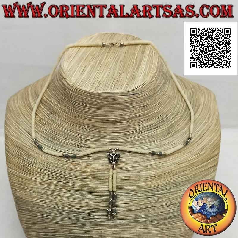 Choker necklace of raw light jade and 925 ‰ silver tubes strung with butterfly and tuft