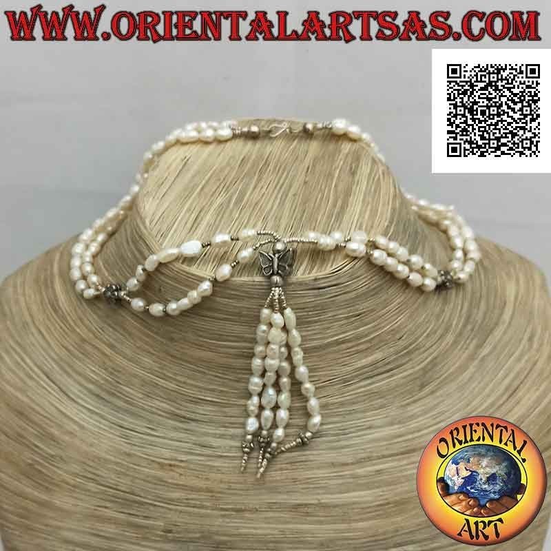 Collar de dos hileras de perlas de agua dulce y bolas de plata 925 ‰ ensartadas con flores, mariposa y mechón