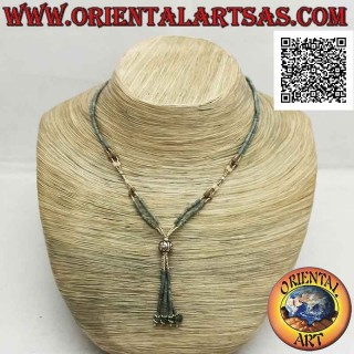 Two-strand choker necklace of multicolor raw jade tubes and 925 ‰ silver strung and tuft