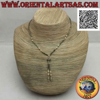 Collier ras de cou de tubes de jade brut vert et blanc et argent 925 ‰ enfilé d'une touffe (losange)