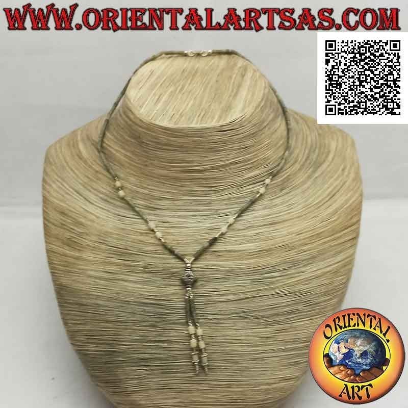 Gargantilla de tubos de jade crudo verde y blanco y plata 925 ‰ ensartada con un mechón (rombo)