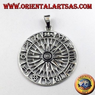 colgante de plata, brújula con rosa de los vientos y Zodiac