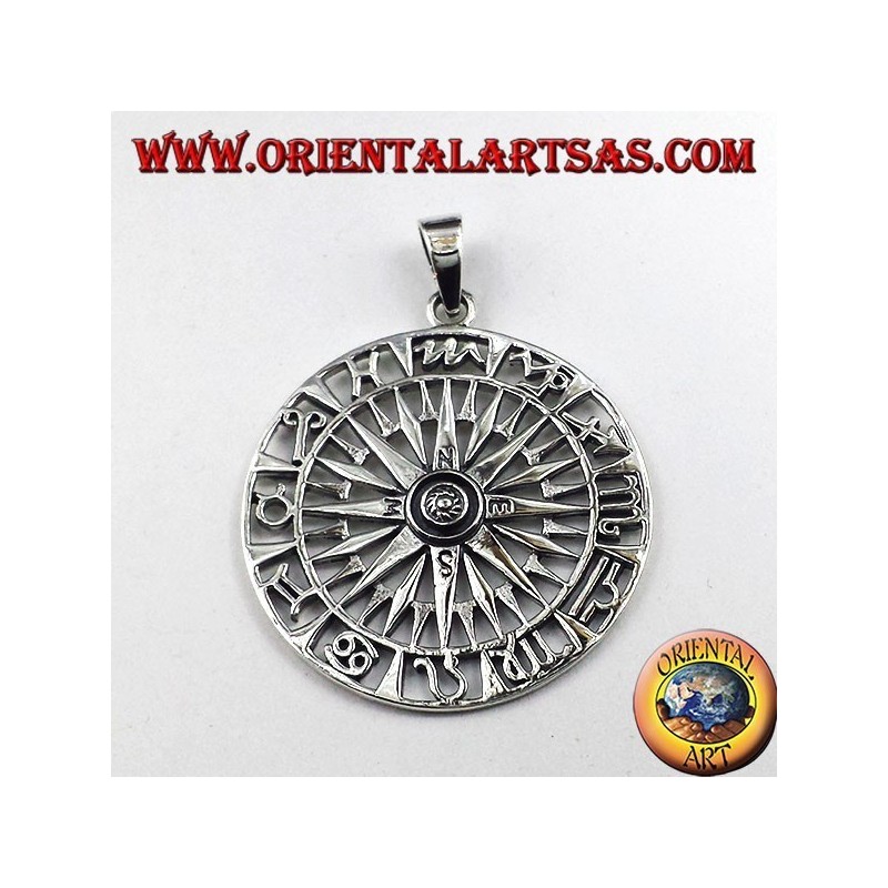 pendentif en argent, boussole avec rose des vents et Zodiac