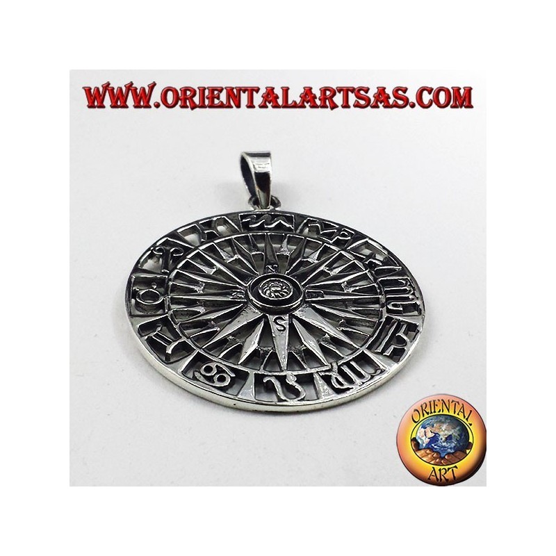 Silber Anhänger, Kompass mit Windrose und Zodiac