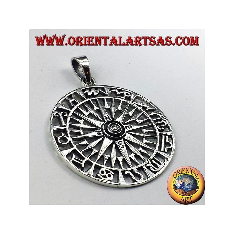 silver pendant, compass with wind rose and Zodiac