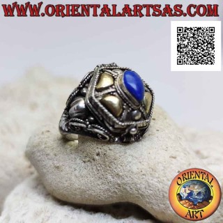 Bague boîte en argent - porte-poison avec lapis-lazuli en forme de larme et plaquettes d'or