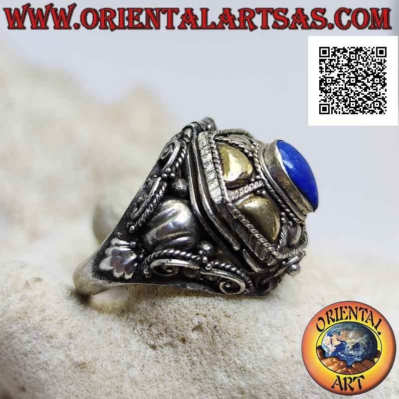 Silver box ring - poison holder with teardrop lapis lazuli and gold platelets
