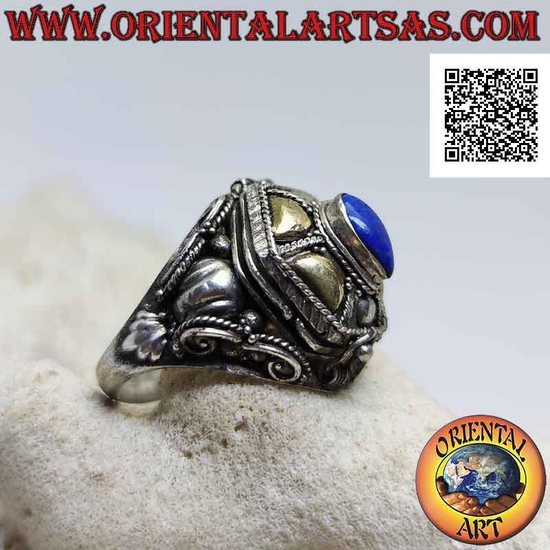Silver box ring - poison holder with teardrop lapis lazuli and gold platelets