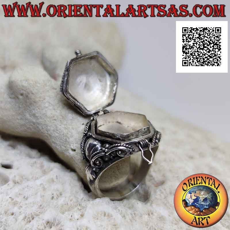 Silver box ring - poison holder with teardrop lapis lazuli and gold platelets