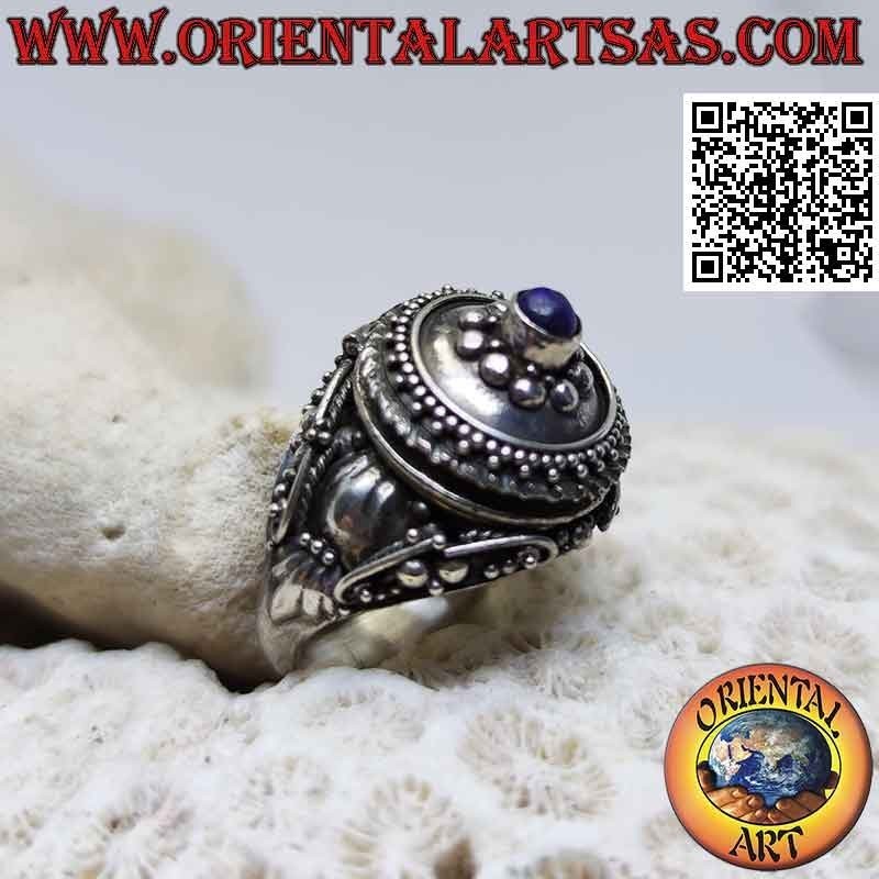 Silver box ring - poison holder with round lapis lazuli