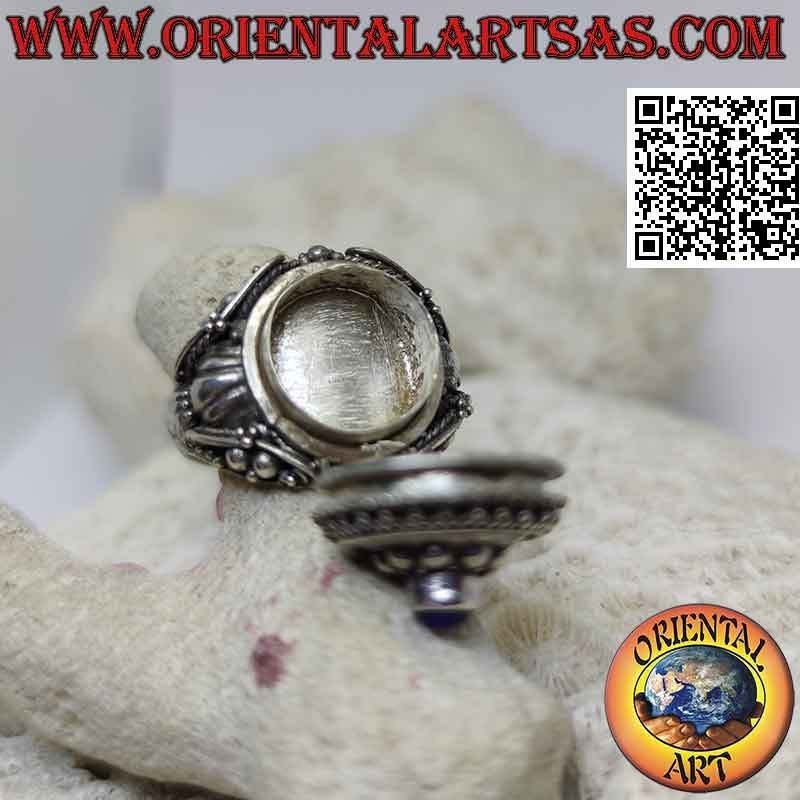 Silver box ring - poison holder with round lapis lazuli