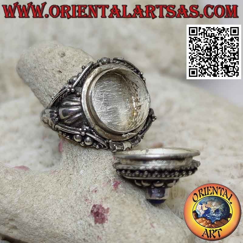 Silver box ring - poison holder with round lapis lazuli
