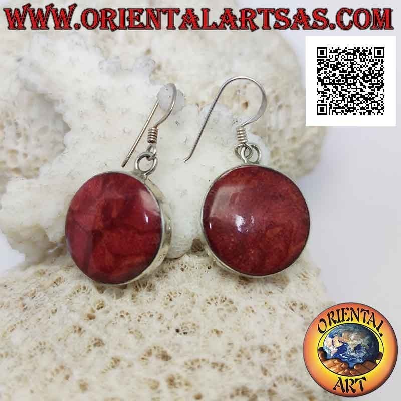 Silver earrings with round red madrepora (coral) with smooth edge