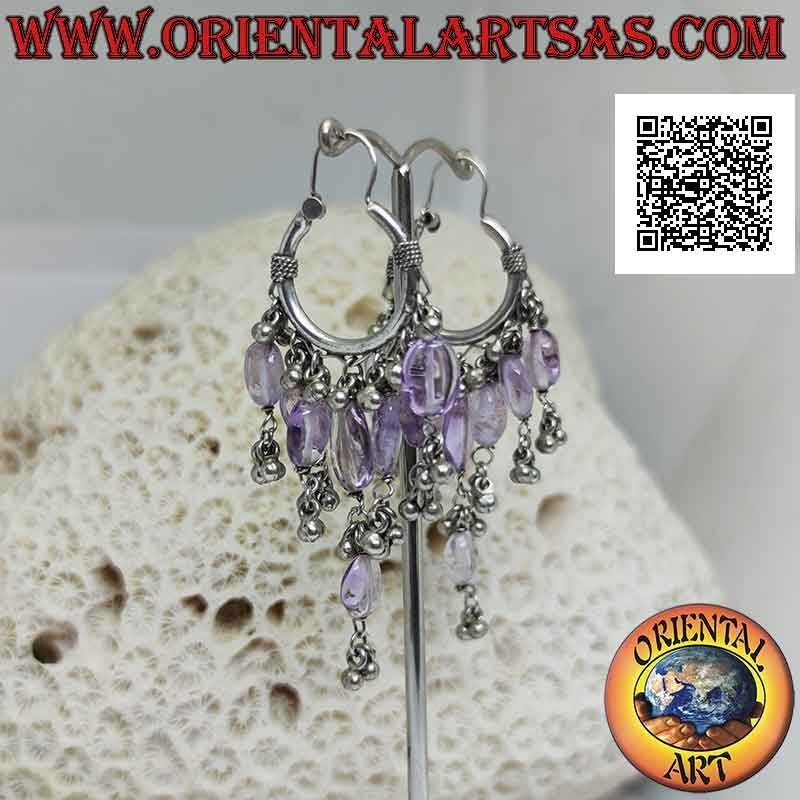 Boucles d'oreilles en argent, cercle travaillé 22 mm avec améthyste en forme de larme et boules suspendues