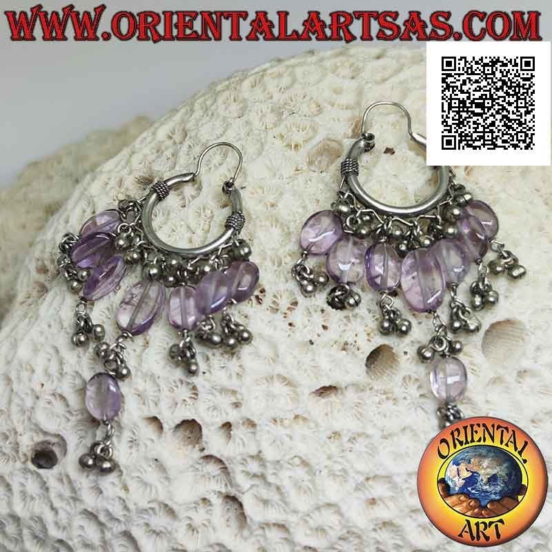 Pendientes de plata, círculo trabajado 22 mm con amatista lágrima y bolas colgantes