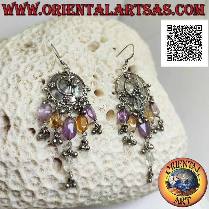 Boucles d'oreilles bouclier en argent avec pendentifs en améthyste, topaze et cristal de roche