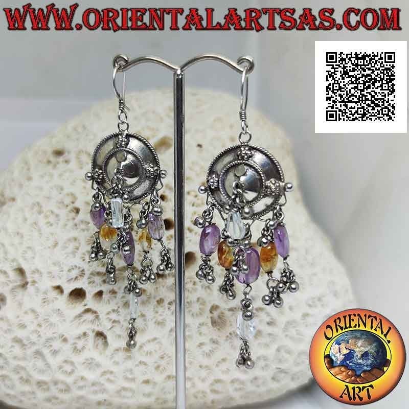 Boucles d'oreilles bouclier en argent avec pendentifs en améthyste, topaze et cristal de roche
