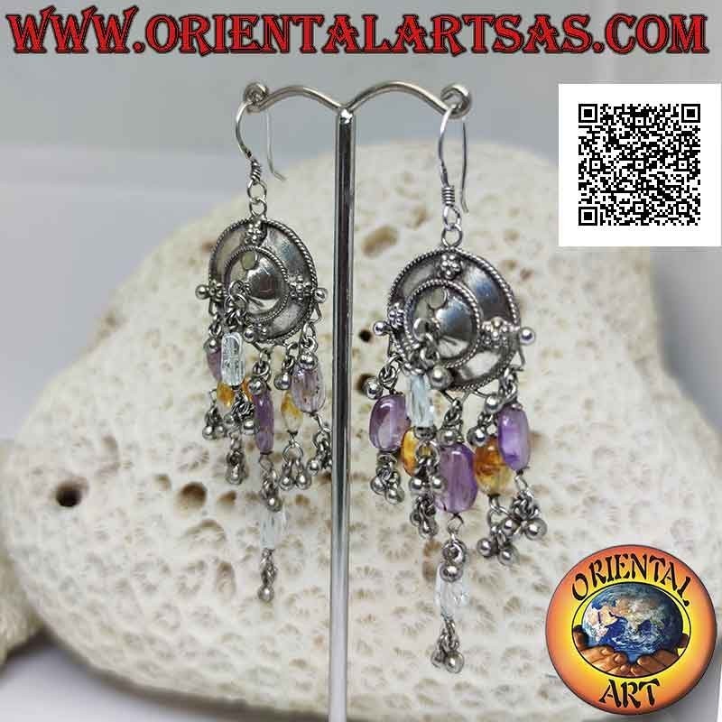 Silberne Schildohrringe mit Amethyst-, Topas- und Bergkristall-Anhängern