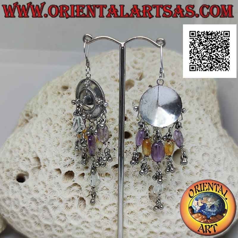 Silver shield earrings with amethyst, topaz and rock crystal pendants