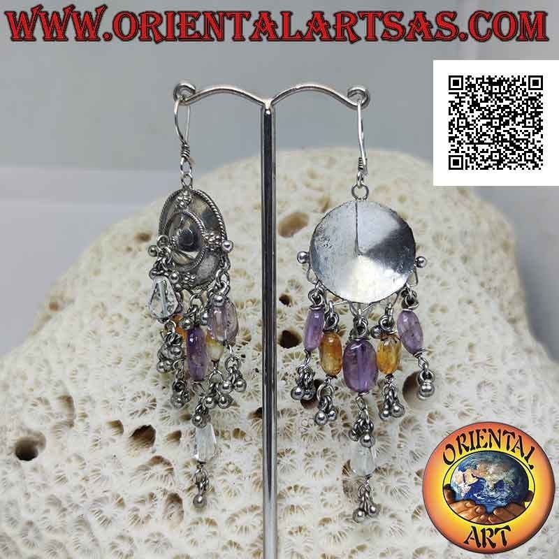 Silver shield earrings with amethyst, topaz and rock crystal pendants