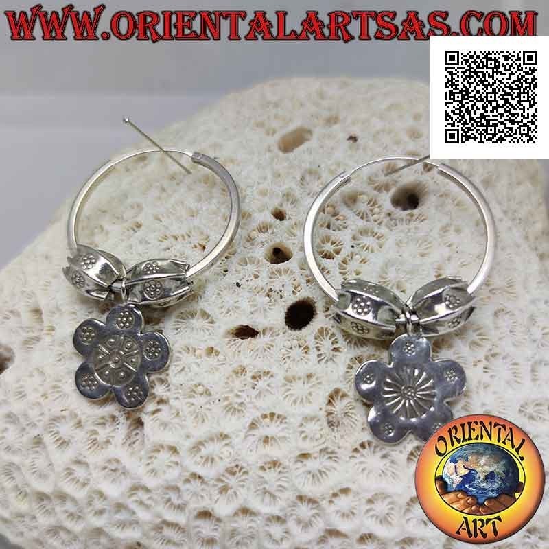 Silver squared circle earrings (Karen) with removable inserts and pendant flower