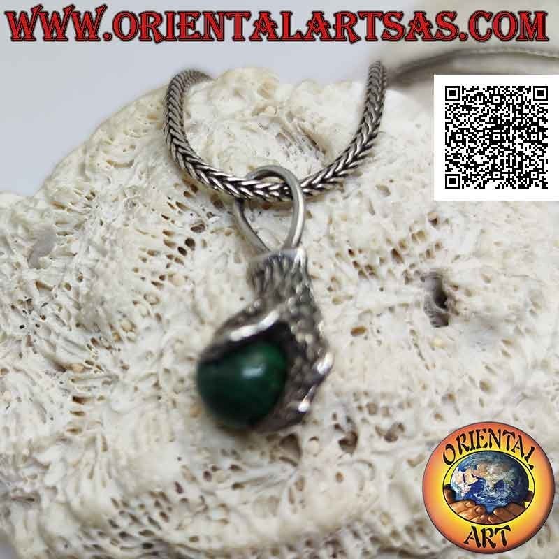 Ciondolo in argento, sfera di malachite afferrata da una zampa di quattro artigli