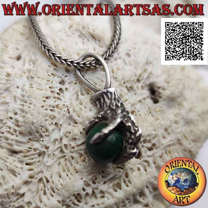 Pendentif en argent, sphère en malachite agrippée par une patte à quatre griffes