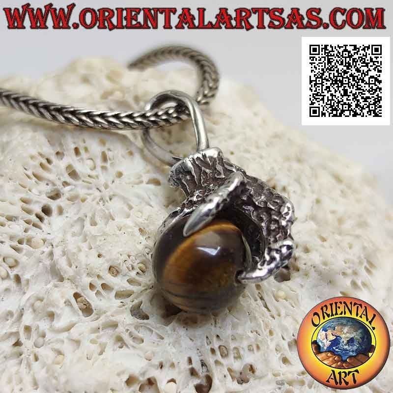Ciondolo in argento, sfera di occhio di tigre afferrata da una zampa di quattro artigli