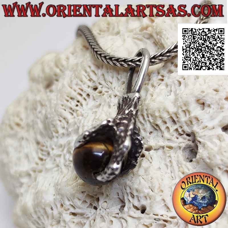 Ciondolo in argento, sfera di occhio di tigre afferrata da una zampa di quattro artigli