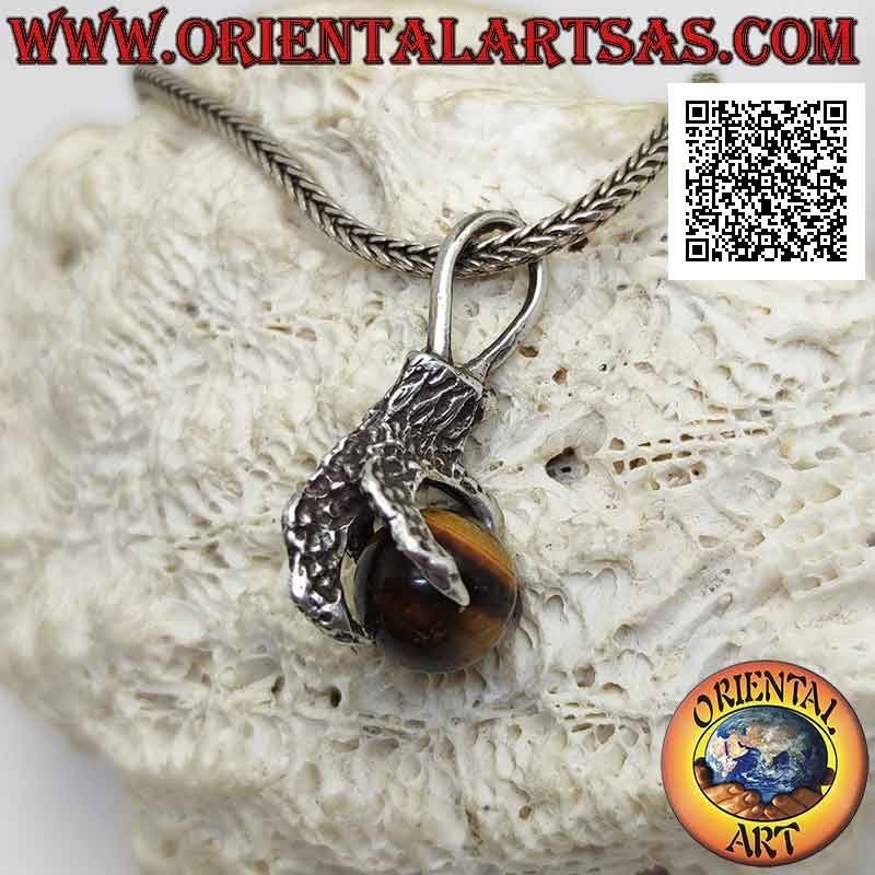 Colgante de plata, bola de ojo de tigre agarrada por una pata de cuatro garras