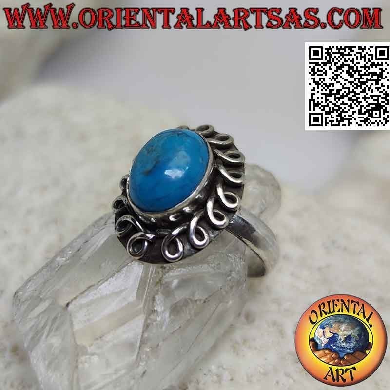 Silberring mit Cabochon oval Türkis umgeben von einer gerollten Linie