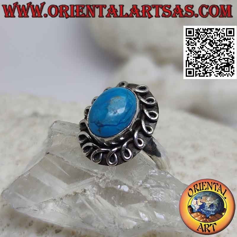 Silberring mit Cabochon oval Türkis umgeben von einer gerollten Linie