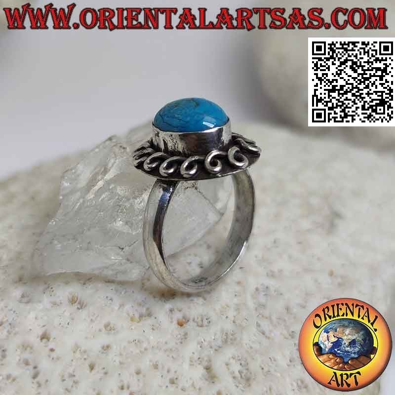 Silberring mit Cabochon oval Türkis umgeben von einer gerollten Linie