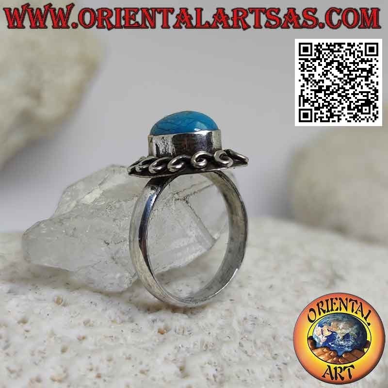 Silberring mit Cabochon oval Türkis umgeben von einer gerollten Linie