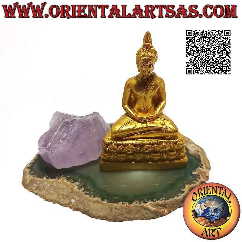 Buddha-Skulptur "Dhyana Mudra - Symbol der Meditation und Weisheit" auf einem Blumenbeet aus Harz (golden) 7 cm