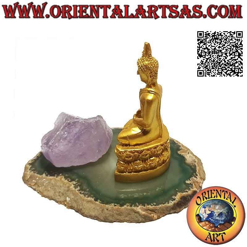 Sculpture Bouddha "Dhyana Mudra - symbole de méditation et de sagesse" sur un parterre de fleurs en résine (doré) 7 cm