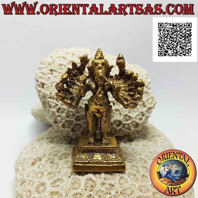 Ganesh sculpture "the elephant god" standing with sixteen arms, in 7.5 cm gilded brass