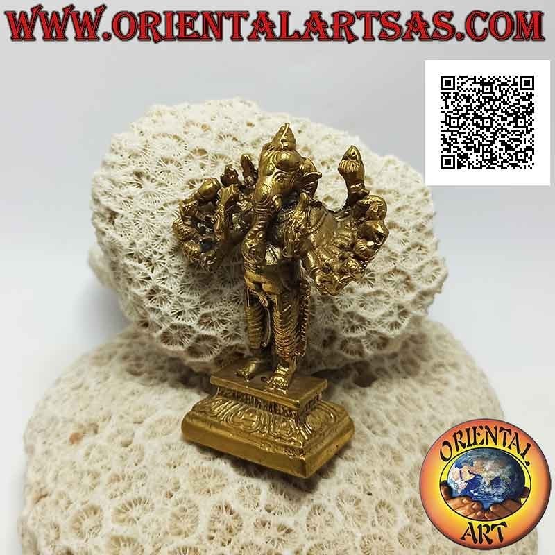 Scultura Ganesh "il Dio elefante" in piedi a sedici braccia, in ottone dorato da 7,5 cm